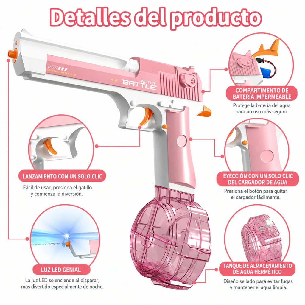 Pistola de agua eléctrica recargable de chorro automático para piscina, jardín y playa