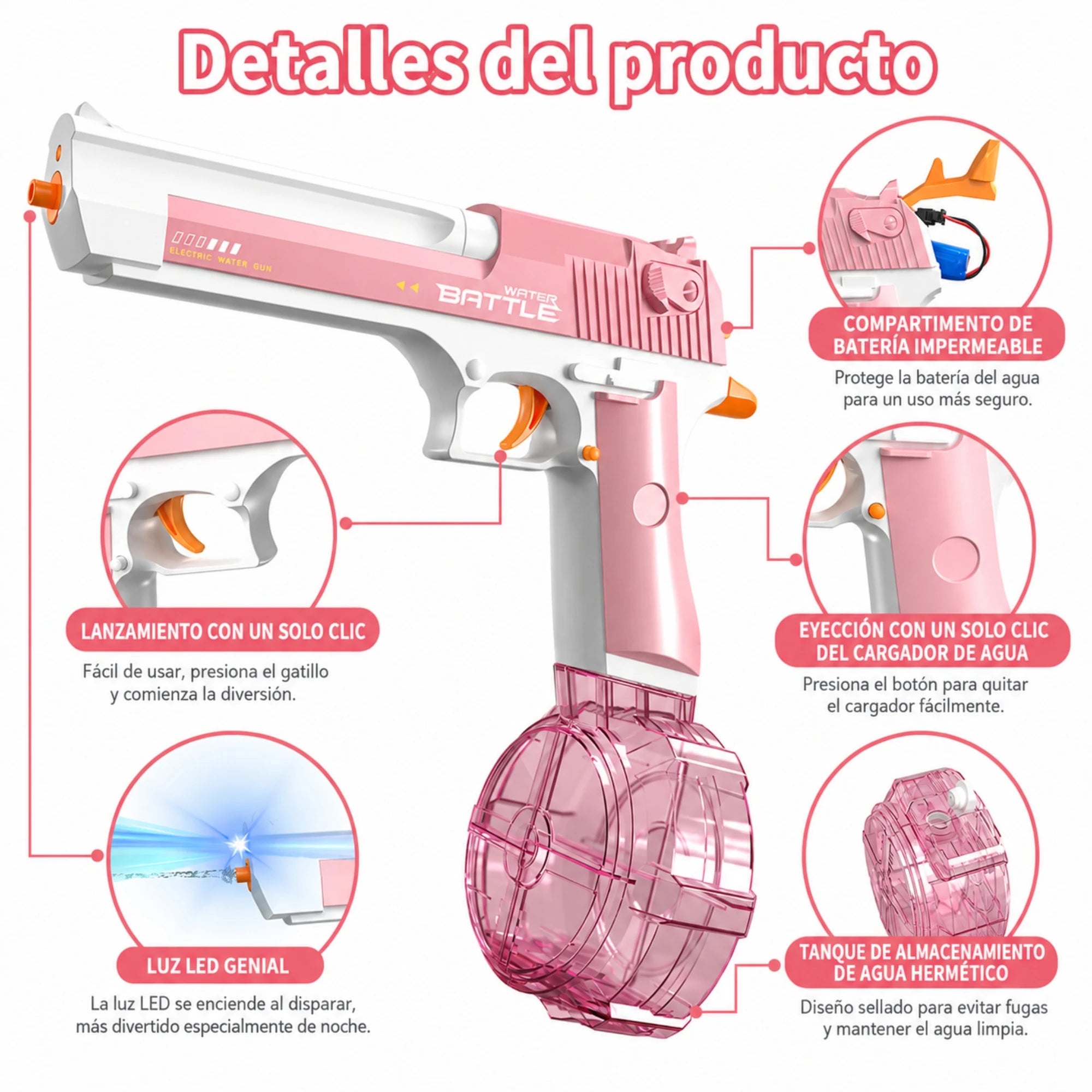 Pistola de agua eléctrica recargable de chorro automático para piscina, jardín y playa