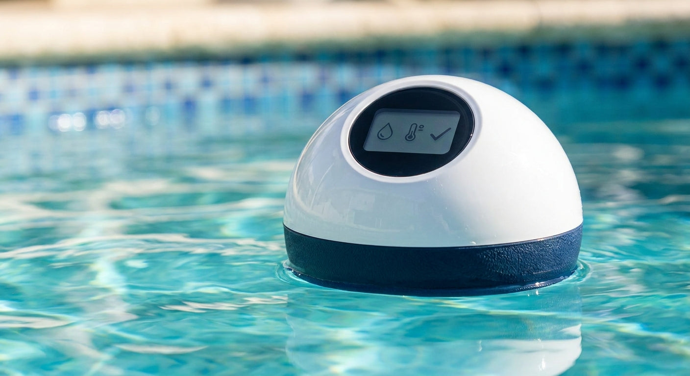 Analizador inteligente de agua flotante para piscina con pantalla digital, midiendo en agua turquesa