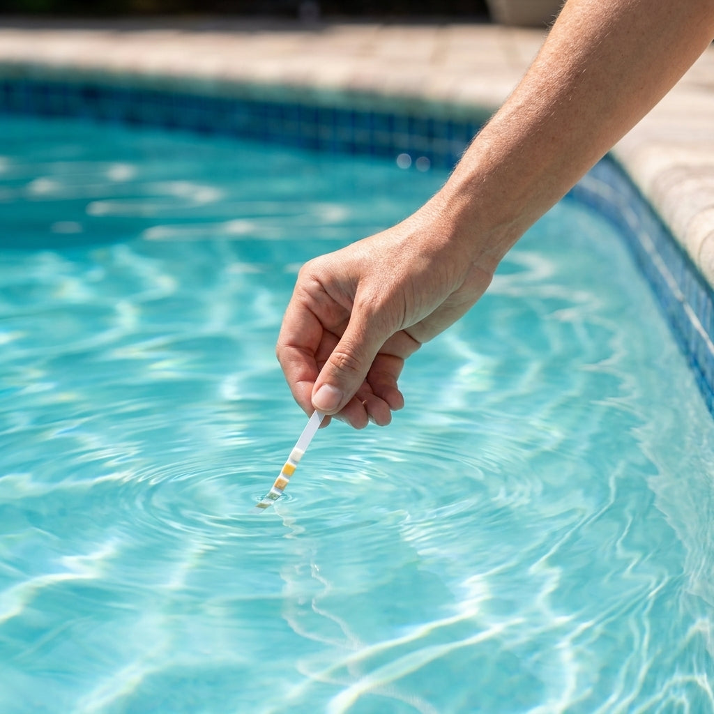 Mano sumergiendo una tira reactiva en el agua turquesa de una piscina