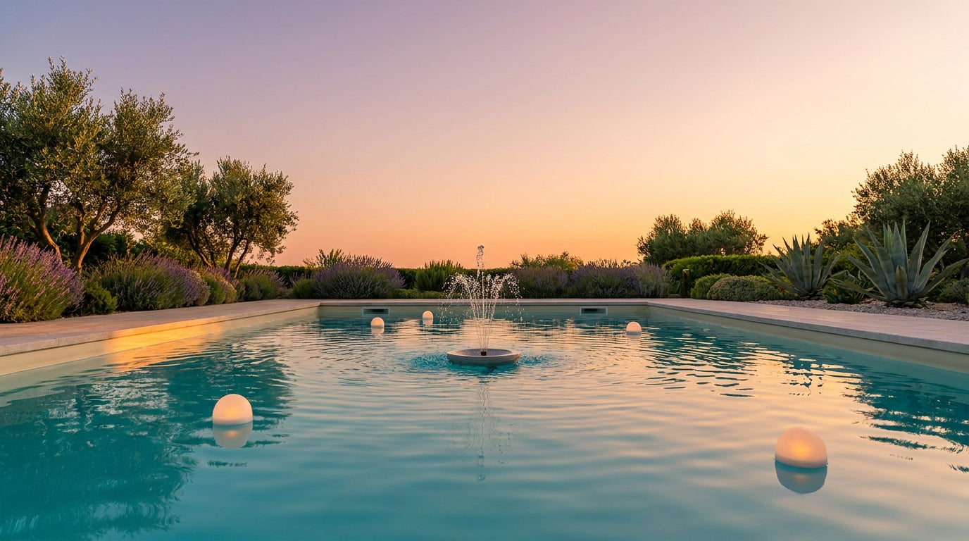 Piscina al atardecer con fuente flotante y luces LED