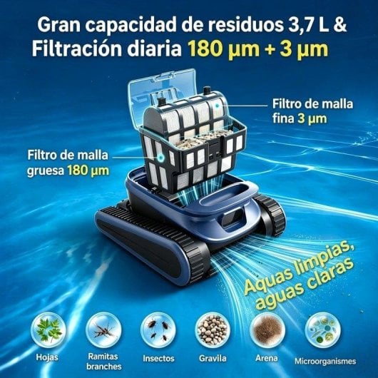 Robot limpiafondos: gran capacidad de residuos y doble filtración 180µm + 3µm